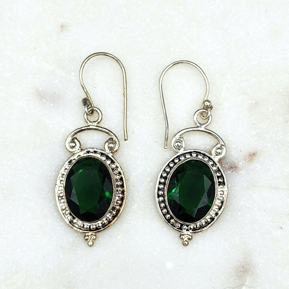 Sterling Silver 925 Green Gemstone Drop Earrings – Vintage Style
